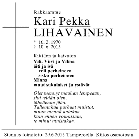 Pekka Lihavainen, kuolinilmoitus, Aamulehti
